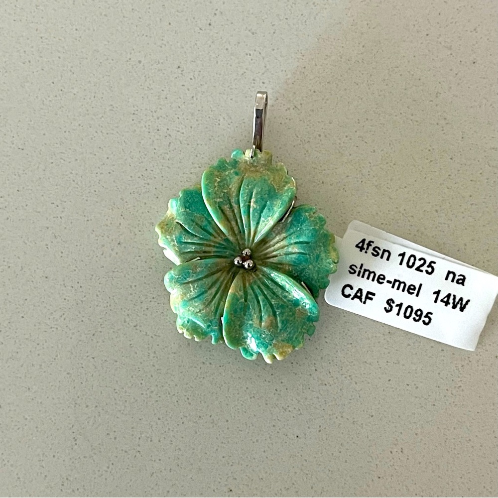 One of a kind Natural Turquoise Carved 14kt white gold pendant